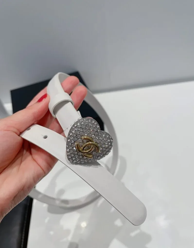 Chanel CC Silver Tone Heart Buckle Belt White Chanel CC Silver Tone Heart Buckle Belt White