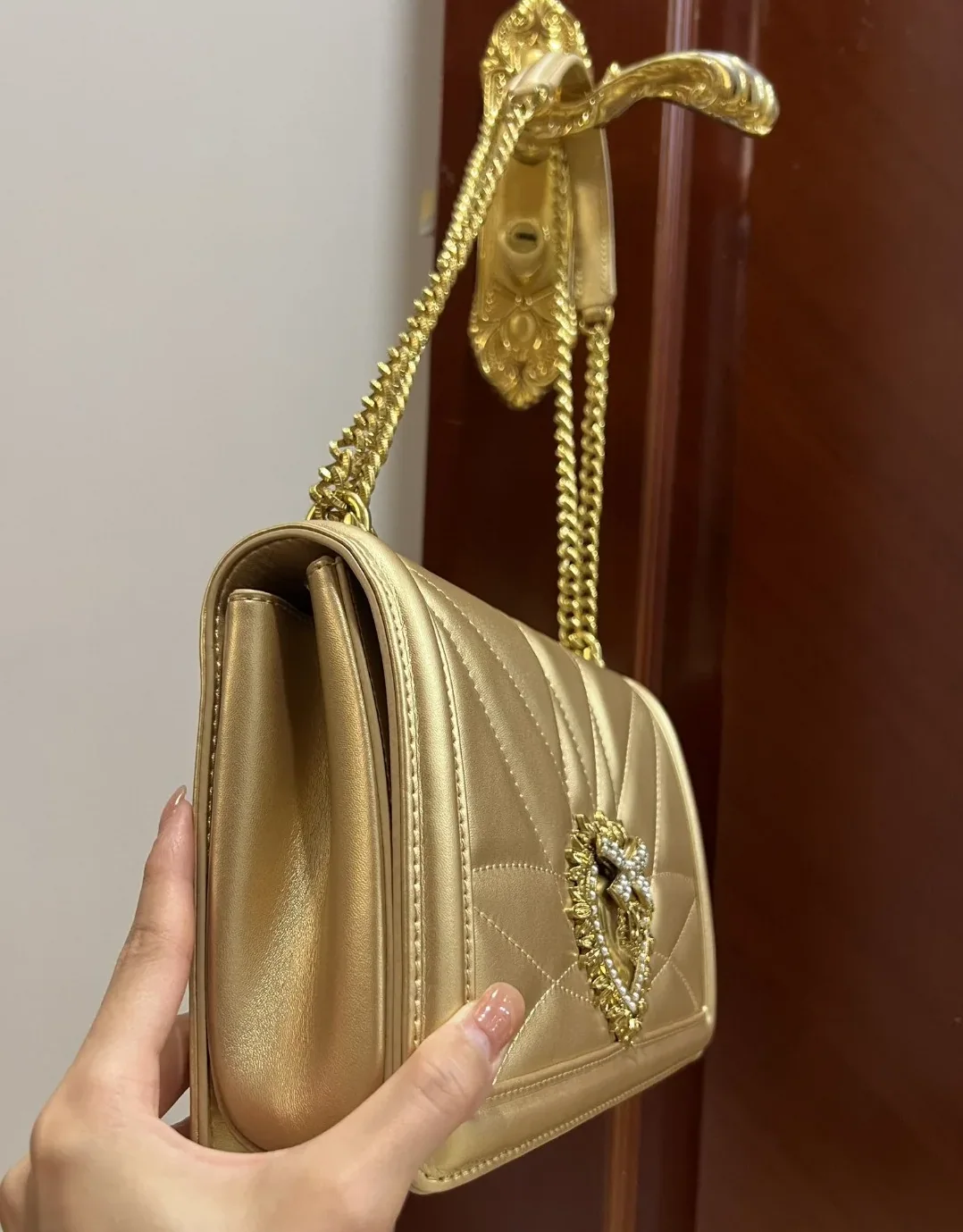 Dolce & Gabbana Large Devotion Bag In Quilted Nappa Gold / DG Dolce & Gabbana Large Devotion Bag In Quilted Nappa Gold / DG