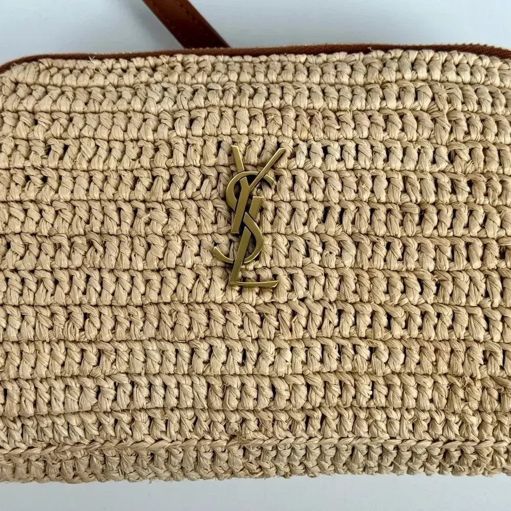 Saint Laurent YSL Gaby Zipped Pouch in Raffia and Vegetable for Women in tanned Leather Saint Laurent YSL Gaby Zipped Pouch in Raffia and Vegetable for Women in tanned Leather