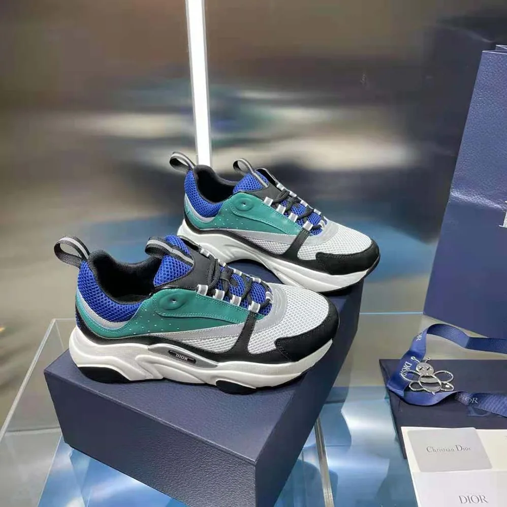 Dior B22 Sneaker White and Blue Technical Mesh with Deep Green and Black Smooth Calfskin for Men