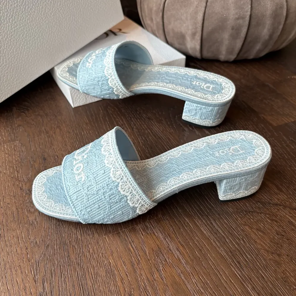 Dior Dentelle Heeled Slide Sky Blue Dior Oblique Embroidered Cotton and White Lace for Women Dior Dentelle Heeled Slide Sky Blue Dior Oblique Embroidered Cotton and White Lace for Women