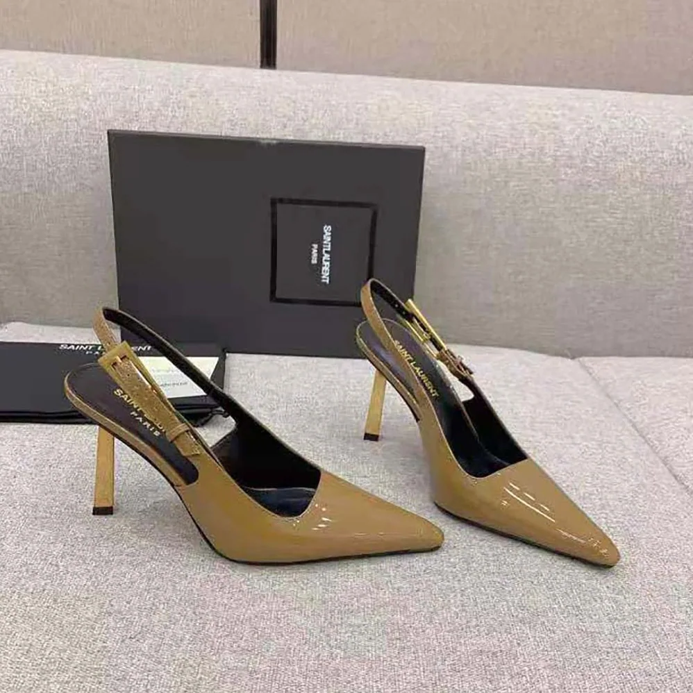 Saint Laurent YSL Lee Slingback Pumps in Glazed Leather for Women in Brown Saint Laurent YSL Lee Slingback Pumps in Glazed Leather for Women in Brown