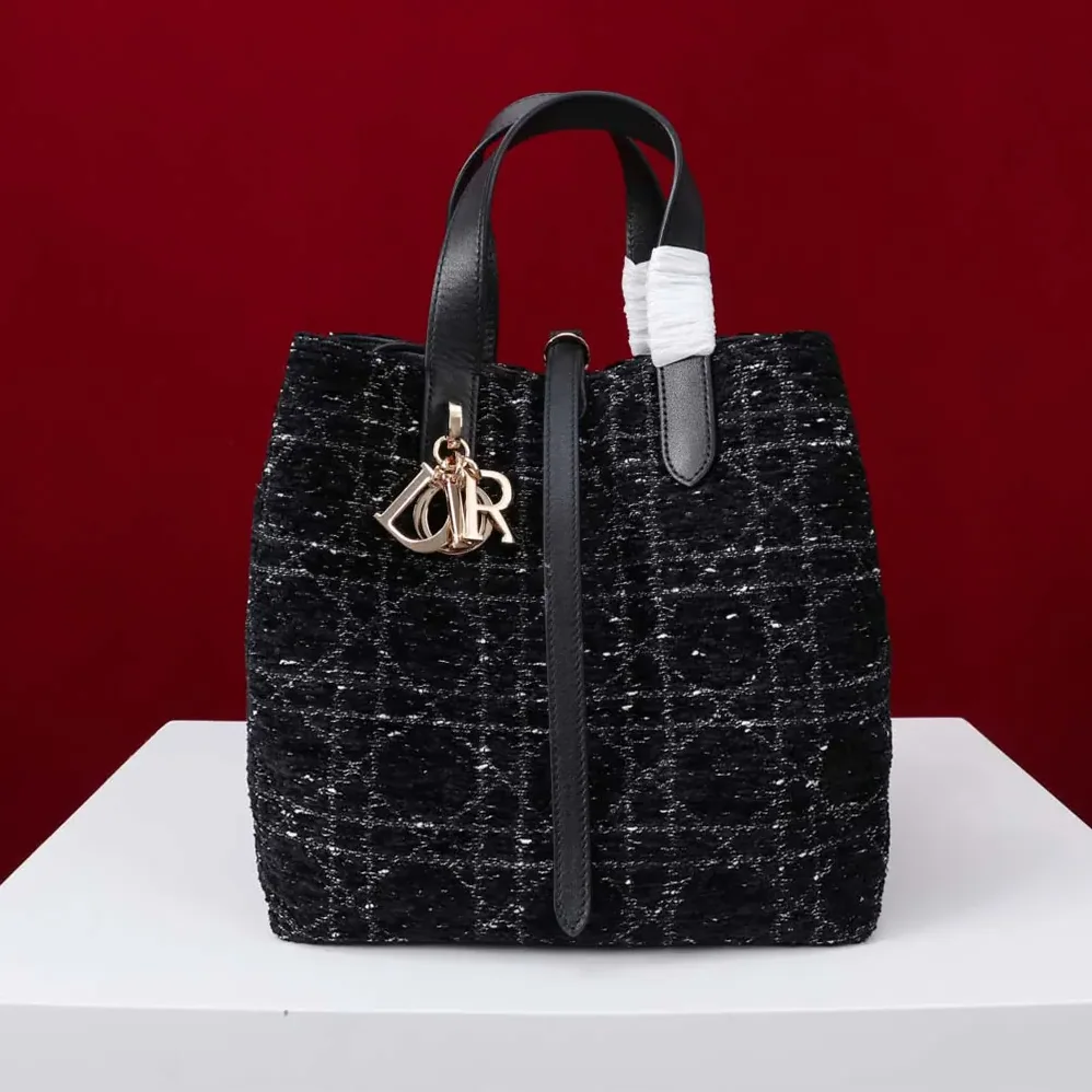 Dior Medium Dior Toujours Vertical Tote Bag Black Tweed with White Cannage Motif for Women Dior Medium Dior Toujours Vertical Tote Bag Black Tweed with White Cannage Motif for Women