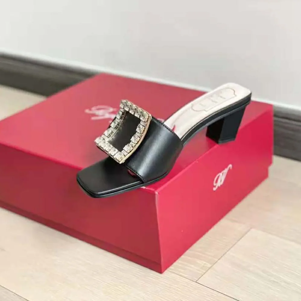 Roger Vivier Biki Love Strass Buckle Mules in Satin for Women in Black Roger Vivier Biki Love Strass Buckle Mules in Satin for Women in Black