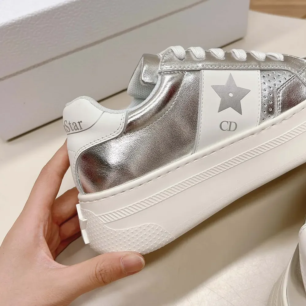 Dior Star Platform Sneaker Silver-Tone Crinkled-Effect Lambskin and White Calfskin for Women
