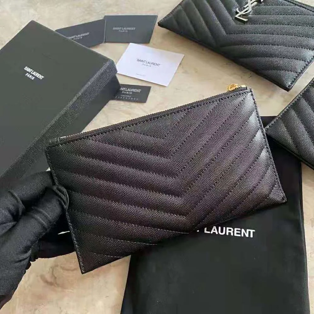 Saint Laurent YSL Monogram Bill Pouch in Grain DE Poudre Embossed Leather for Women in Black Saint Laurent YSL Monogram Bill Pouch in Grain DE Poudre Embossed Leather for Women in Black