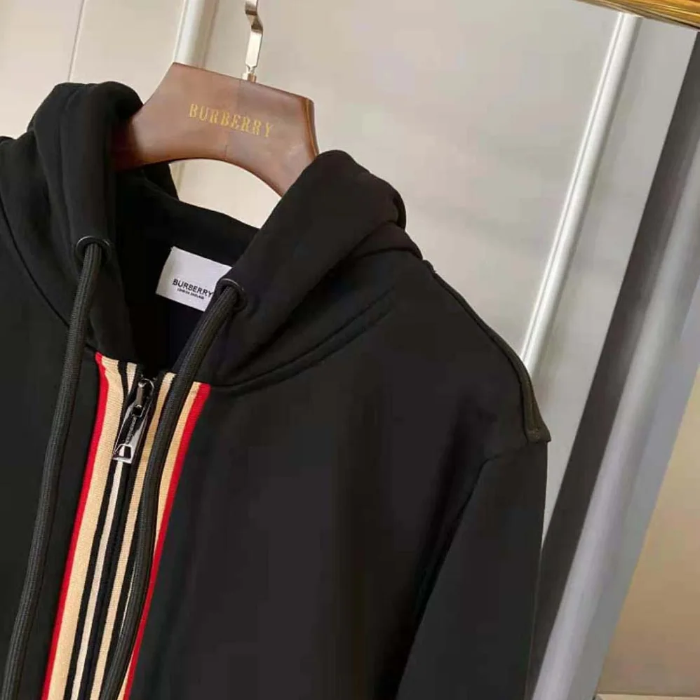 Burberry Icon Stripe Detail Cotton Hooded Top for Men in Black