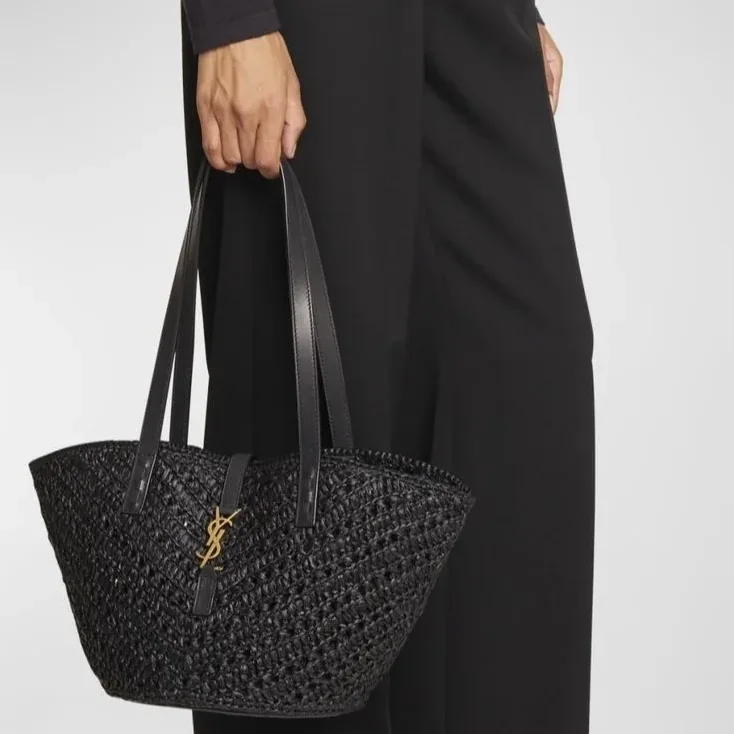 Saint Laurent Panier Small In Raffia And Vegetable-Tanned Black 15 Inches/