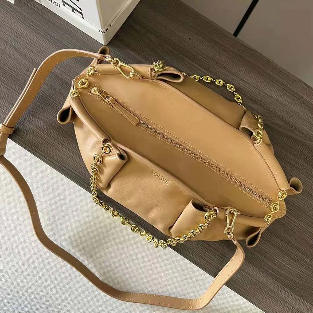 Loewe Small Paseo Bag in Shiny Nappa Calfskin with Chain for Women in Sandy Loewe Small Paseo Bag in Shiny Nappa Calfskin with Chain for Women in Sandy