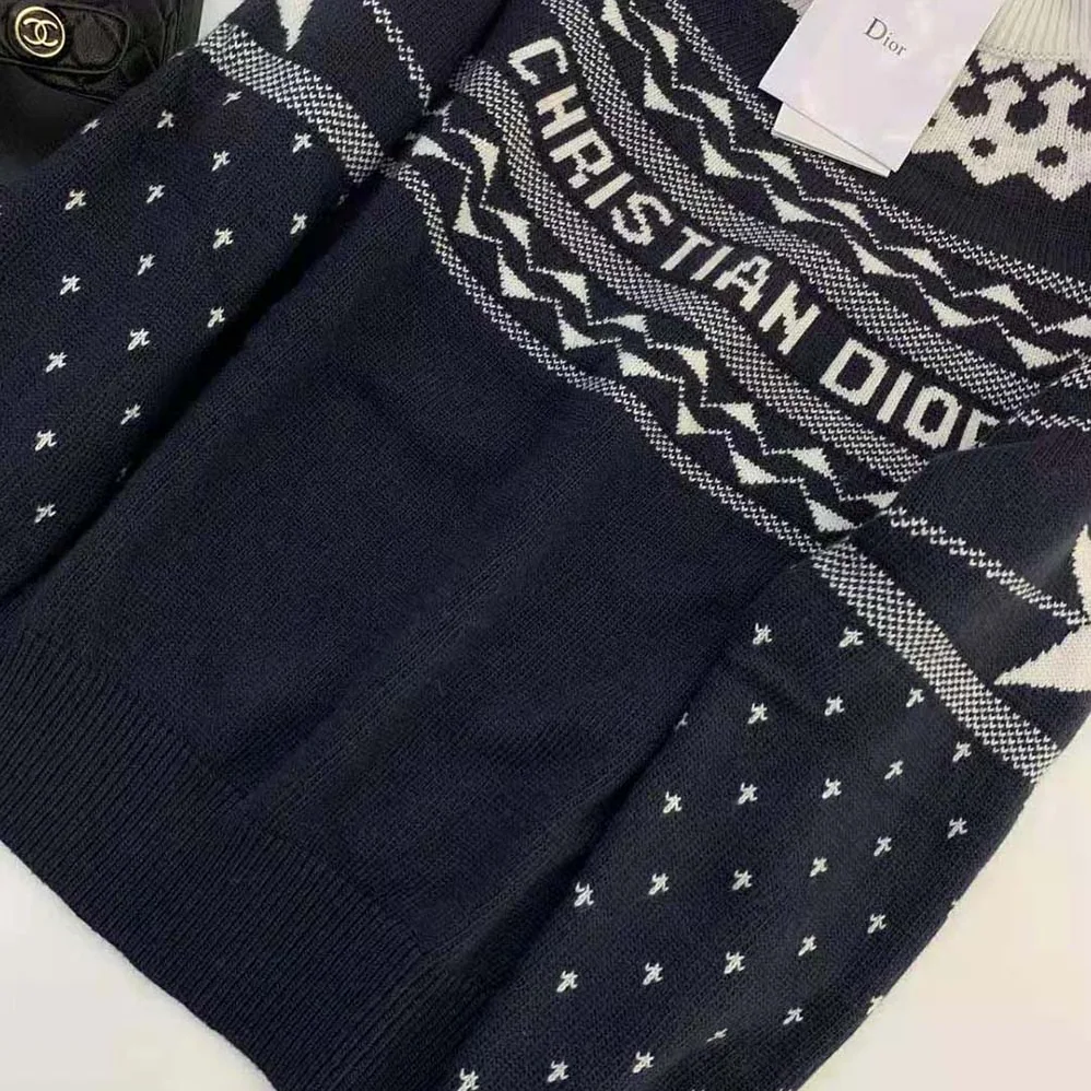Dior Dioralps Stand Collar Sweater Navy Blue and White Wool and Cashmere Knit for Women Dior Dioralps Stand Collar Sweater Navy Blue and White Wool and Cashmere Knit for Women