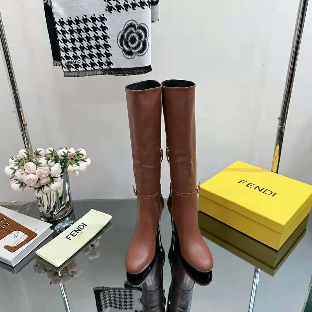 Fendi Delfina Leather High-heeled Boots for Women in Brown Fendi Delfina Leather High-heeled Boots for Women in Brown
