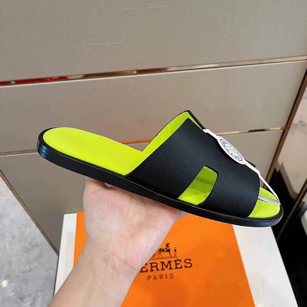 Hermes Izmir Sandals Black in Fluorescent Yellow