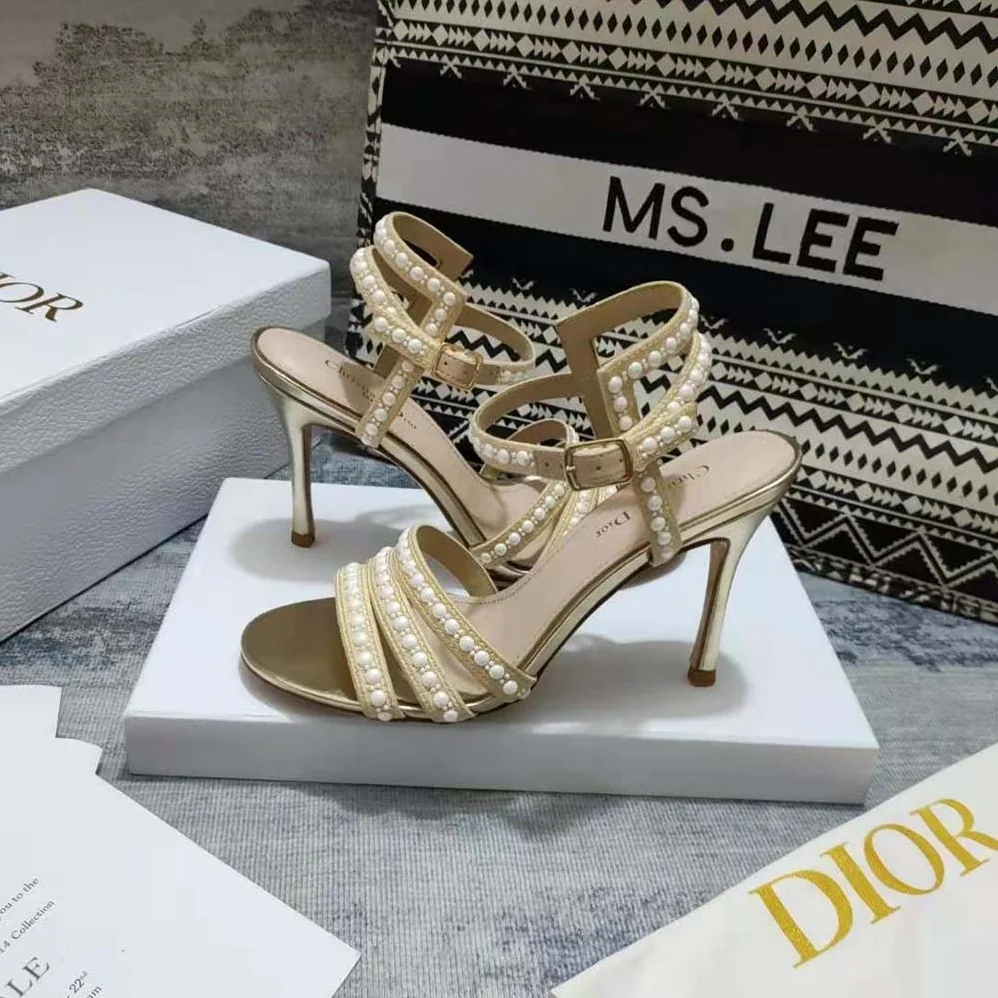 Dior Gem Heeled Sandal Cotton Embroidered with Gold-Tone Metallic Thread and White Beads and Strass for Women Dior Gem Heeled Sandal Cotton Embroidered with Gold-Tone Metallic Thread and White Beads and Strass for Women