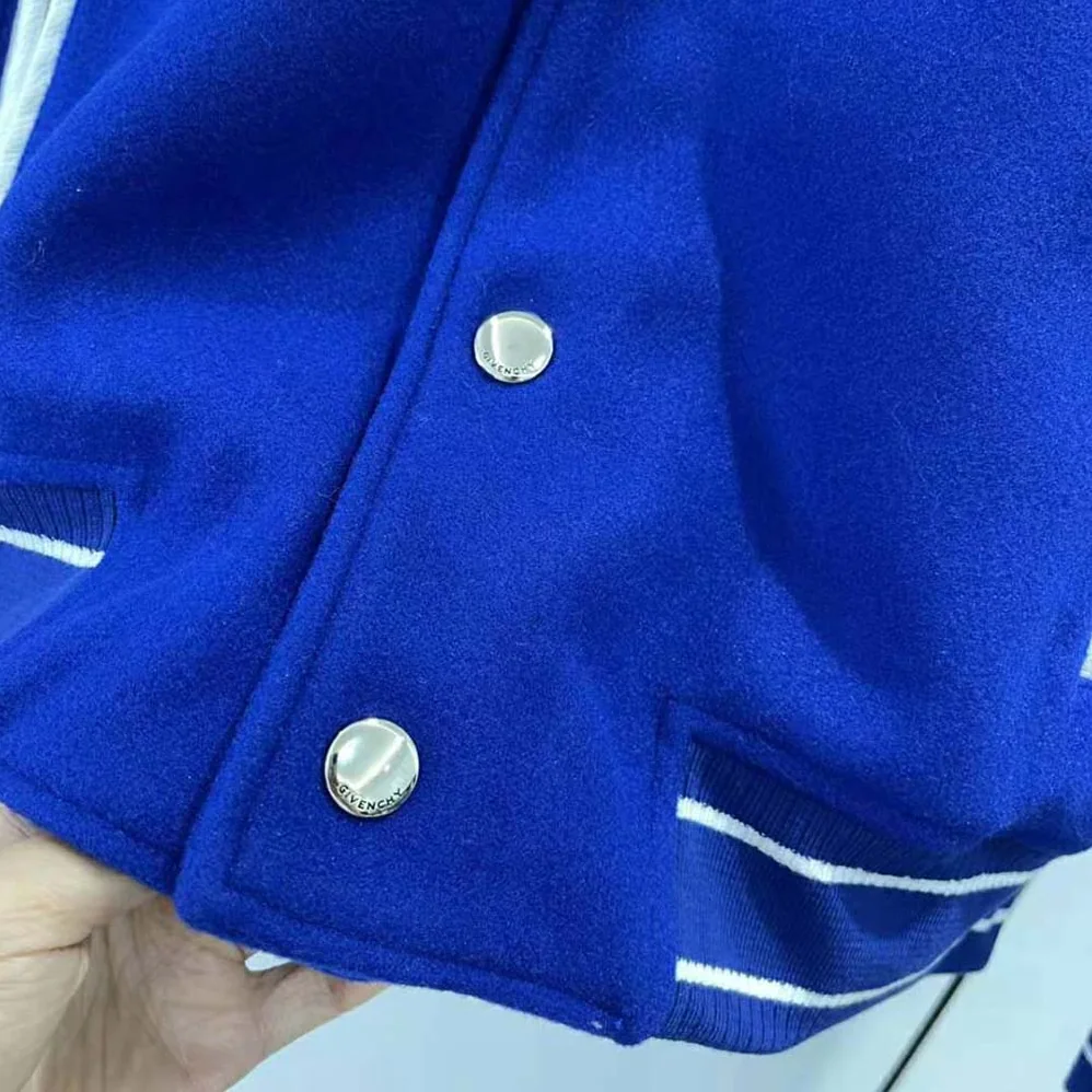 Givenchy Bomber Jacket in Wool and GIVENCHY Leather for Women in White/Blue Givenchy Bomber Jacket in Wool and GIVENCHY Leather for Women in White/Blue