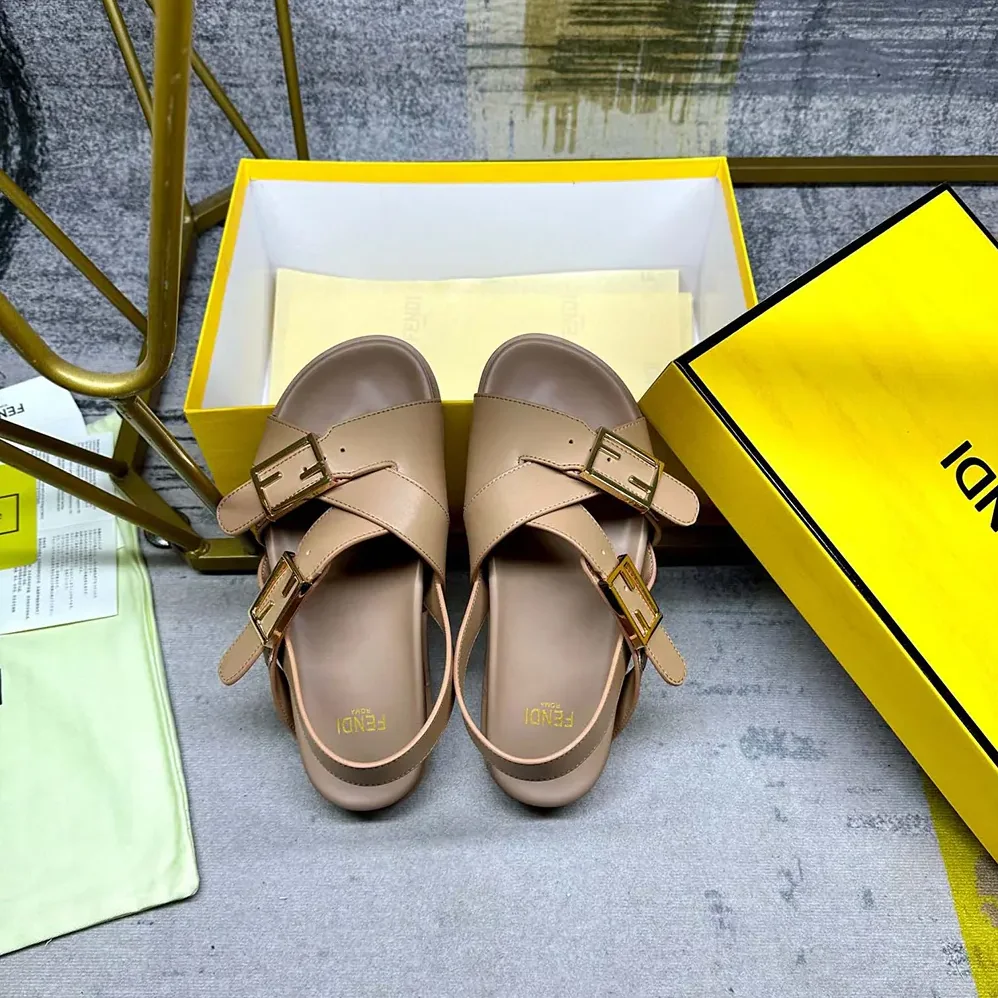 Fendi Feel Beige Leather Slides for Women