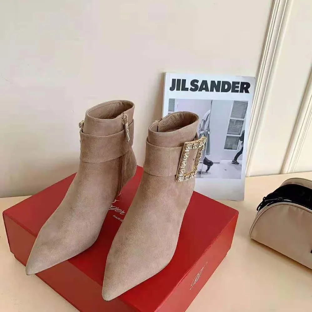 Roger Vivier Pointy Strass Buckle Ankle Boots in Suede for Women Roger Vivier Pointy Strass Buckle Ankle Boots in Suede for Women