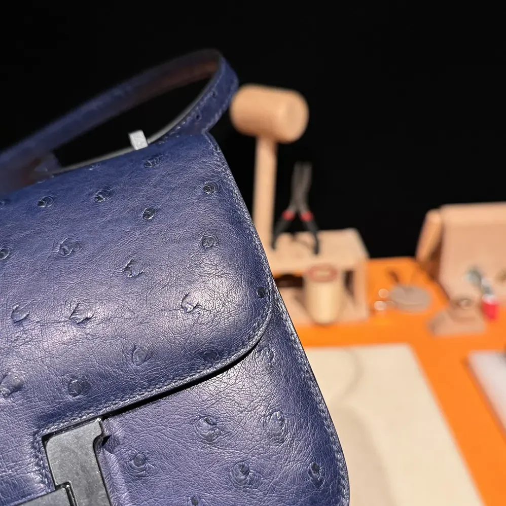 Hermes Constance 19 Bag Nata Ostrich Leather for Women in Navy/Silver