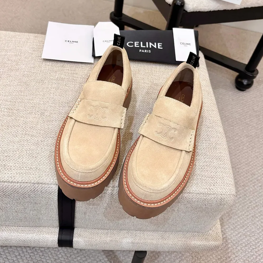 Celine Triomphe Loafers in Suede Calfskin for Women in Beige Celine Triomphe Loafers in Suede Calfskin for Women in Beige
