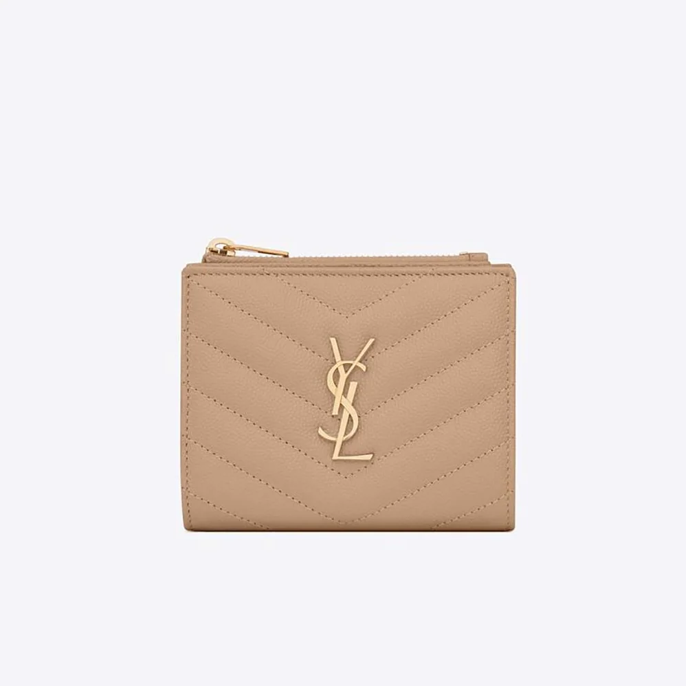 Saint Laurent YSL Monogram Zipped Card Case in Grain DE Poudre Embossed Leather for Women in Pink Saint Laurent YSL Monogram Zipped Card Case in Grain DE Poudre Embossed Leather for Women in Pink