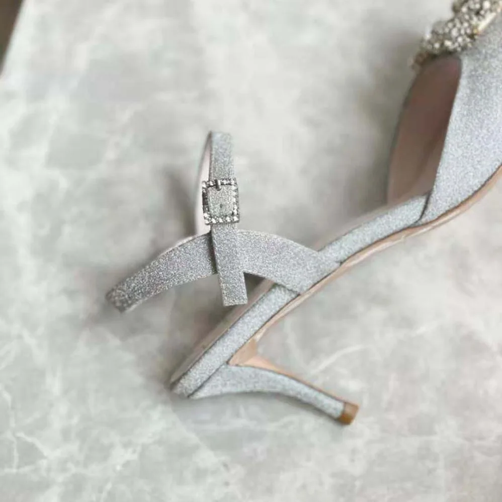Roger Vivier Flower Strass Buckle Sandals in Satin for Women in Silver Roger Vivier Flower Strass Buckle Sandals in Satin for Women in Silver