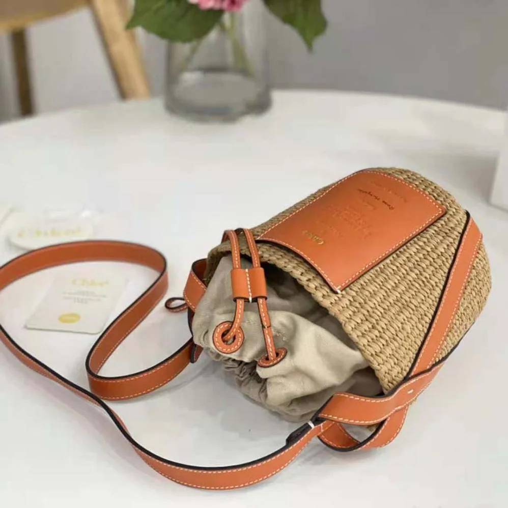 Chloe Small Basket in Fair-Trade Paper and Shiny Calfskin for Women in Orange