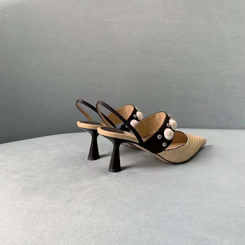 Jimmy Choo Breslin 100 Natural Raffia Slingbacks with Pearl and Stud Embellishment for Women