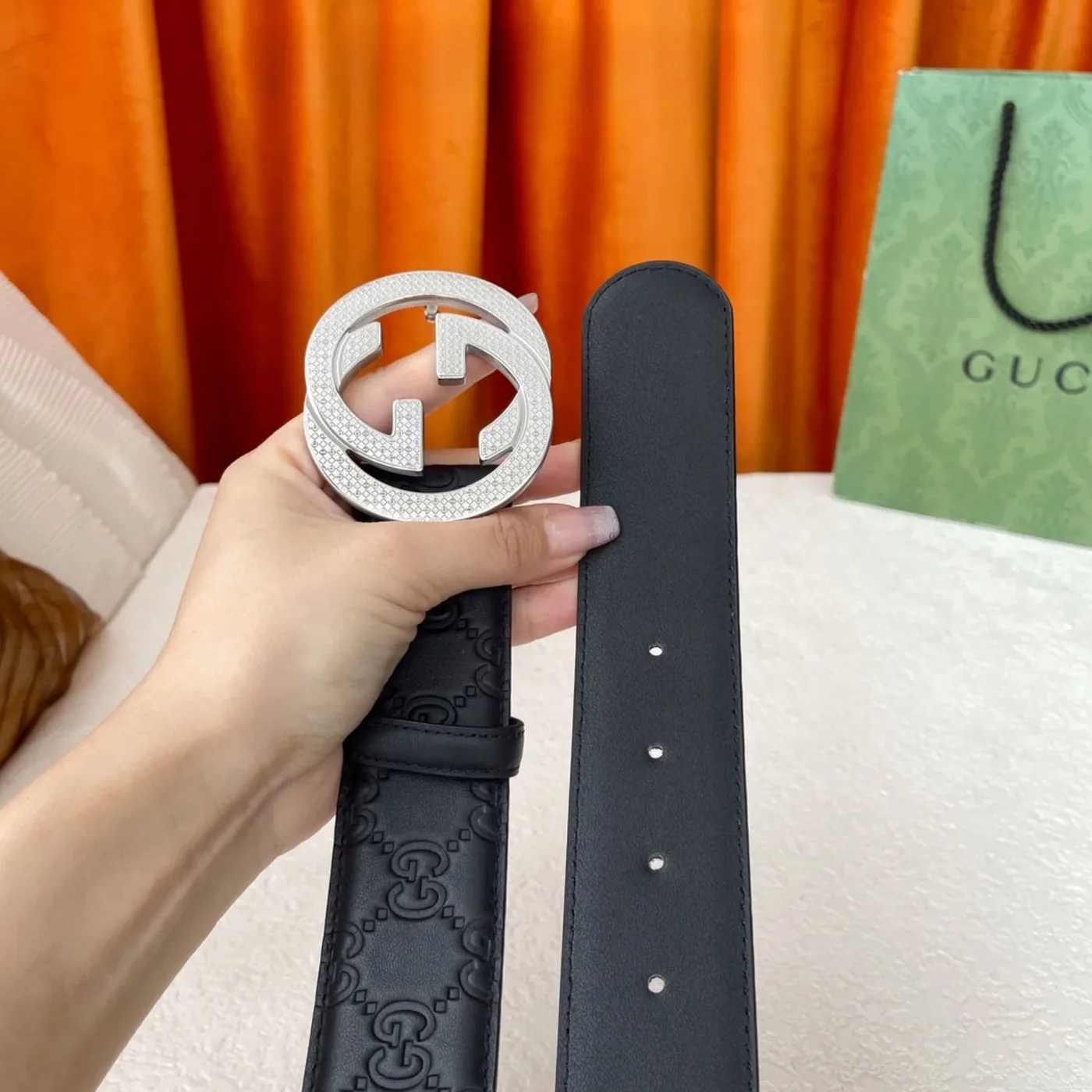 Gucci Iconic GG Buckle Belt Embossed Black With Silver Bling Buckle Gucci Iconic GG Buckle Belt Embossed Black With Silver Bling Buckle