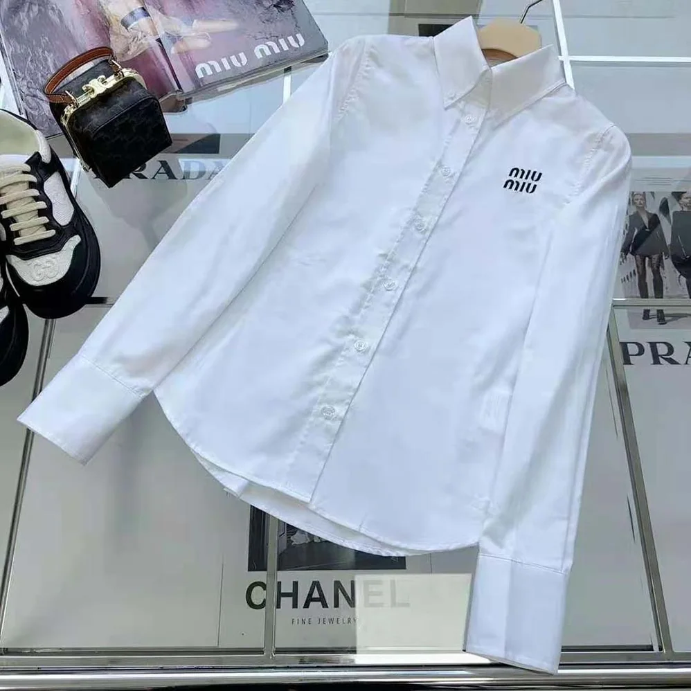Miu Miu Cropped Poplin Shirt with Embroidered Logo for Women in White