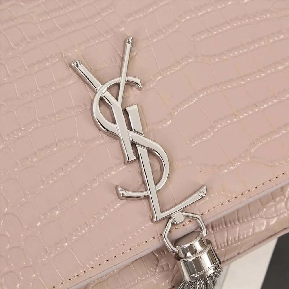 Saint Laurent YSL Kate Small Tassel Embossed Crocodile Shiny Calfskin for Women in Pink