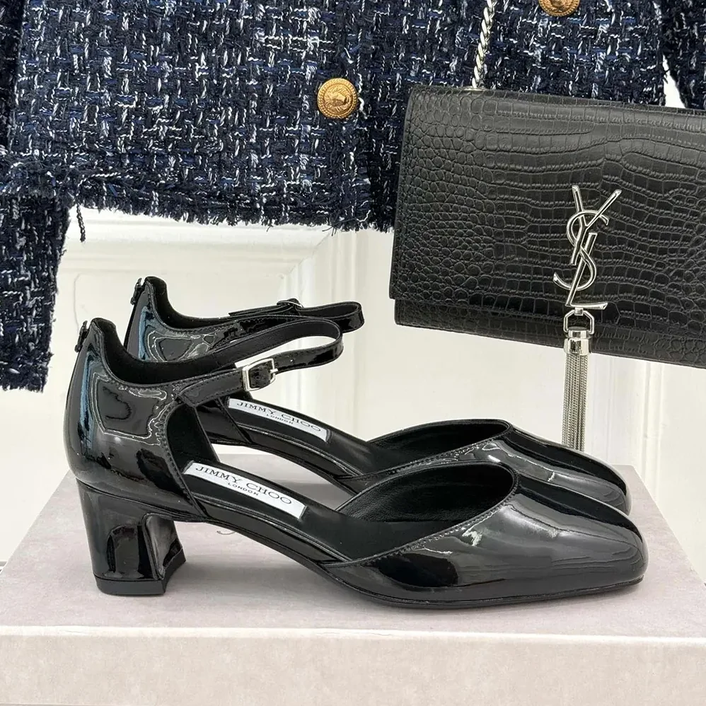 Jimmy Choo Pixie Block Heel 45 Black Patent Leather Pumps for Women Jimmy Choo Pixie Block Heel 45 Black Patent Leather Pumps for Women