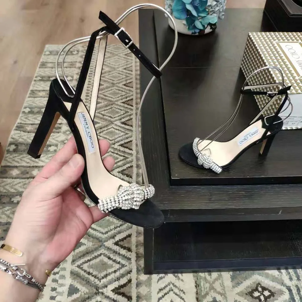 Jimmy Choo Thyra 100 Black Suede Sandals with Pavé Crystal Cord Detail for Women Jimmy Choo Thyra 100 Black Suede Sandals with Pavé Crystal Cord Detail for Women
