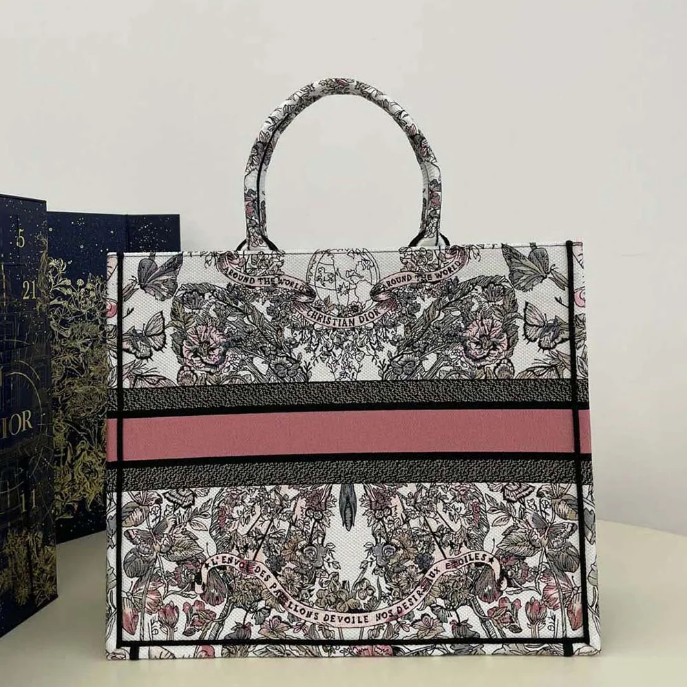 Dior Large Dior Book Tote White and Pastel Pink Butterfly Around The World Embroidery for Women Dior Large Dior Book Tote White and Pastel Pink Butterfly Around The World Embroidery for Women