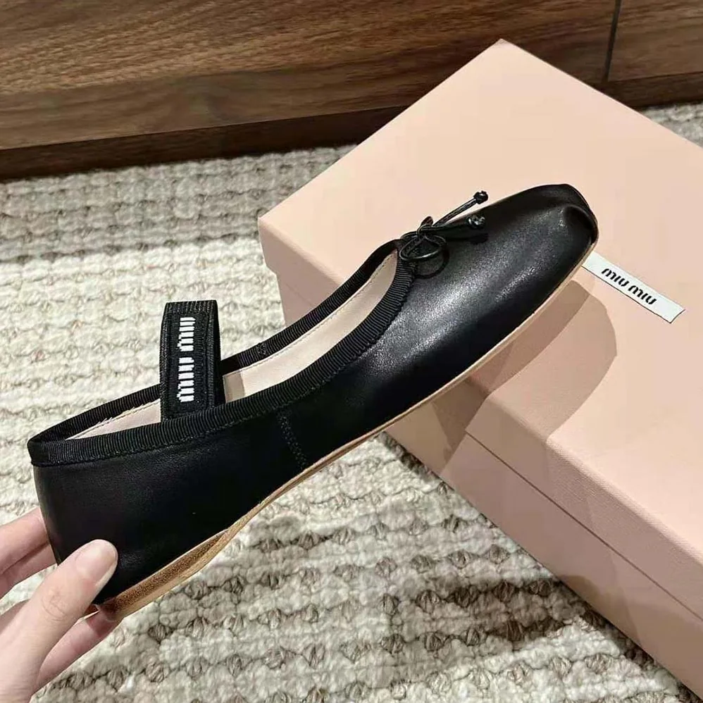 Miu Miu Leather Ballerinas with Fabric Logo Label for Women in Black