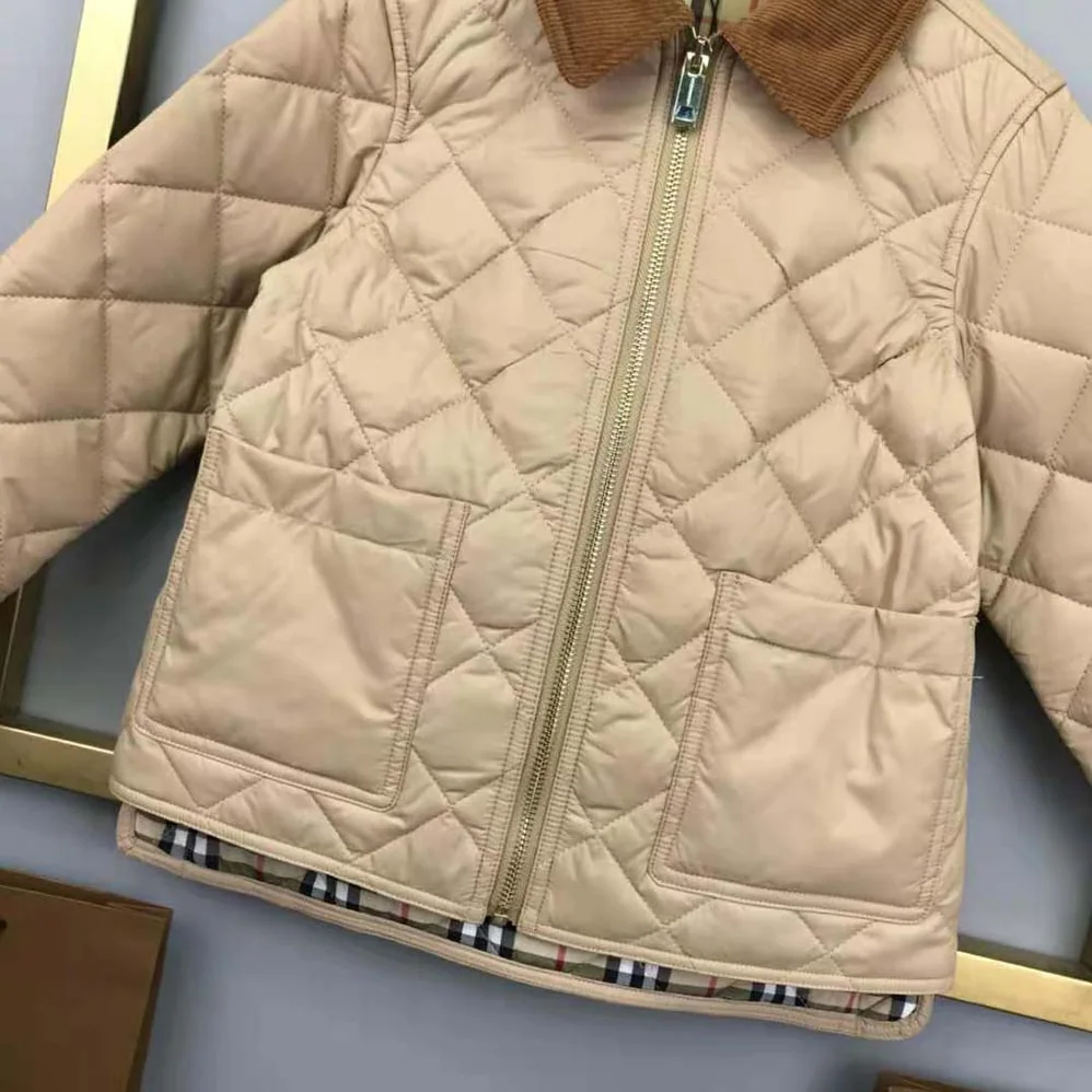 Burberry Kids' Corduroy Collar Diamond Quilted Jacket in Beige