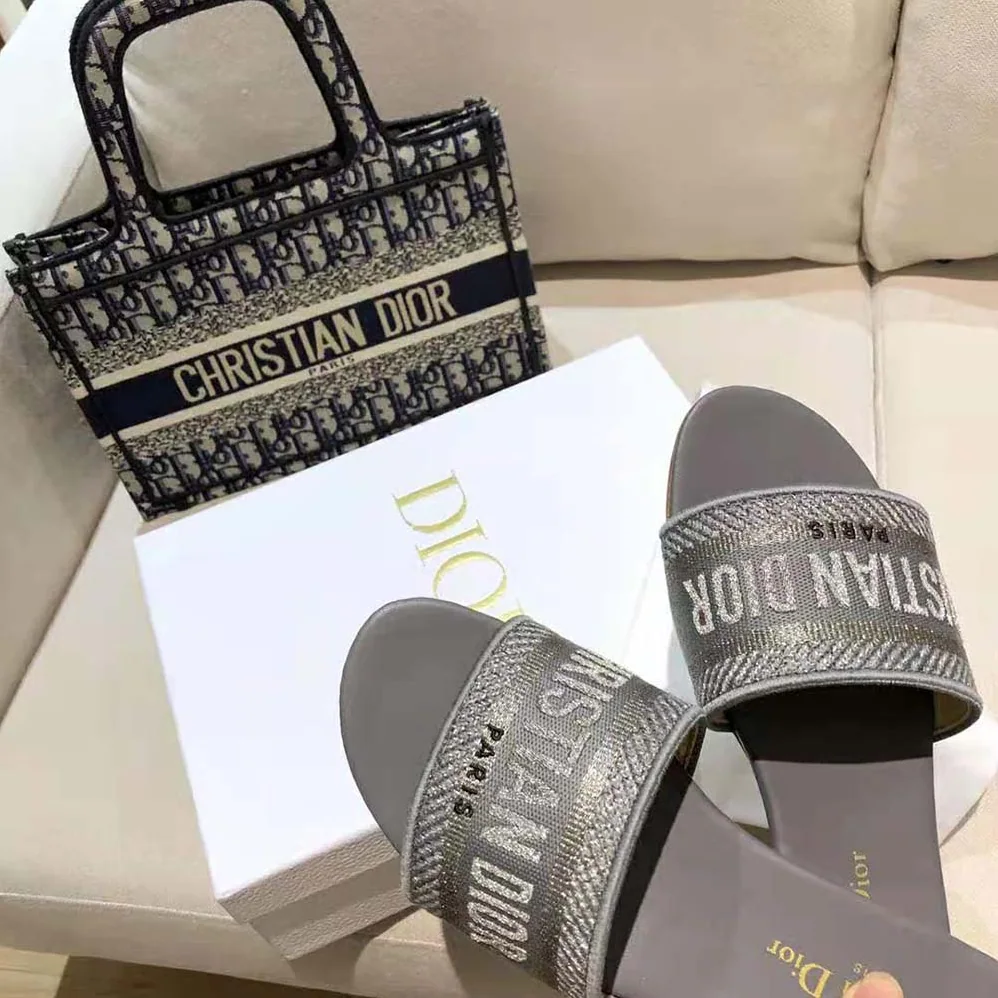 Dior Dway Slide Silver for Women in Tone Embroidered Metallic Fabric Dior Dway Slide Silver for Women in Tone Embroidered Metallic Fabric