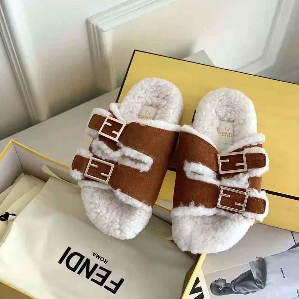Fendi Feel White Sheepskin Slides for Women