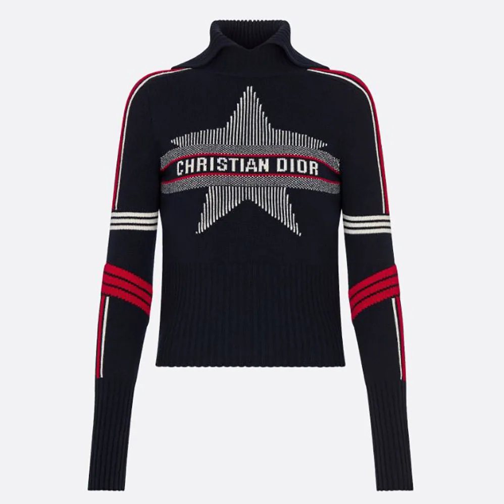 Dior Dioralps Stand Collar Sweater Blue Three-Tone Dior Star Wool and Cashmere Knit for Women