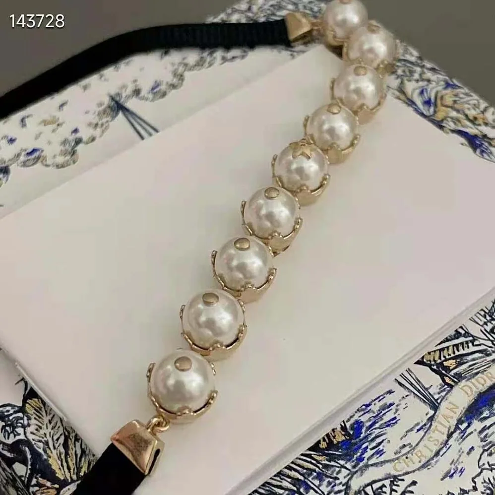 Dior D-Renaissance Choker Gold-Finish Metal with Black Grosgrain and White Resin Pearls for Women Dior D-Renaissance Choker Gold-Finish Metal with Black Grosgrain and White Resin Pearls for Women