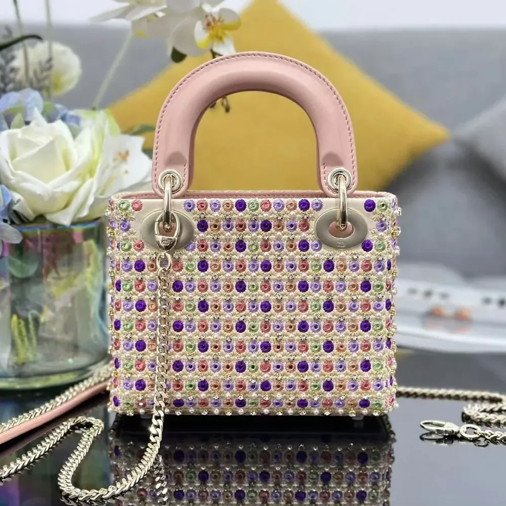 Dior Lady Dior Bag Metallic Calfskin and Satin with Celestial Pink Bead Embroidery for Women Dior Lady Dior Bag Metallic Calfskin and Satin with Celestial Pink Bead Embroidery for Women