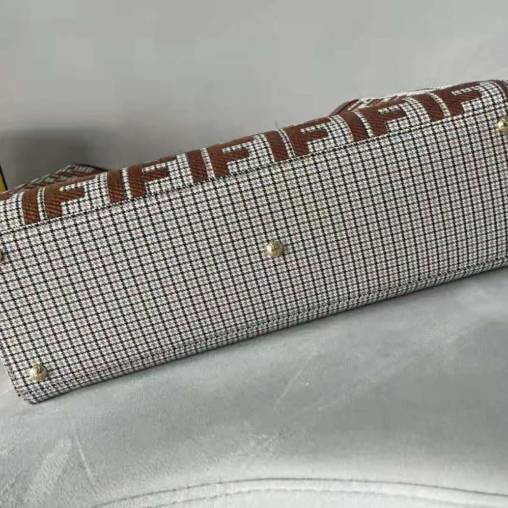 Fendi X-Tote Brown Houndstooth Wool Shopper with FF Embroidery for Women