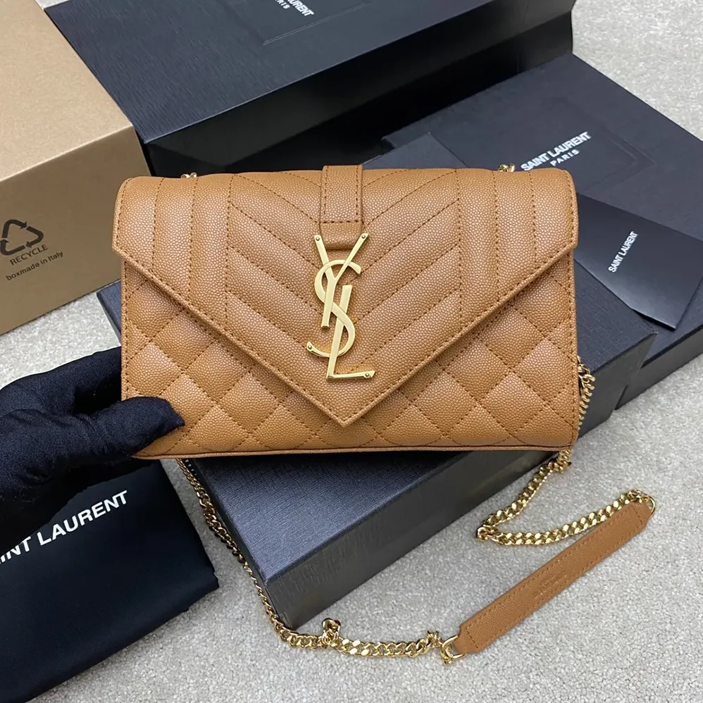 Saint Laurent YSL Envelope Small in Matelasse Lambskin for Women in Brown Saint Laurent YSL Envelope Small in Matelasse Lambskin for Women in Brown