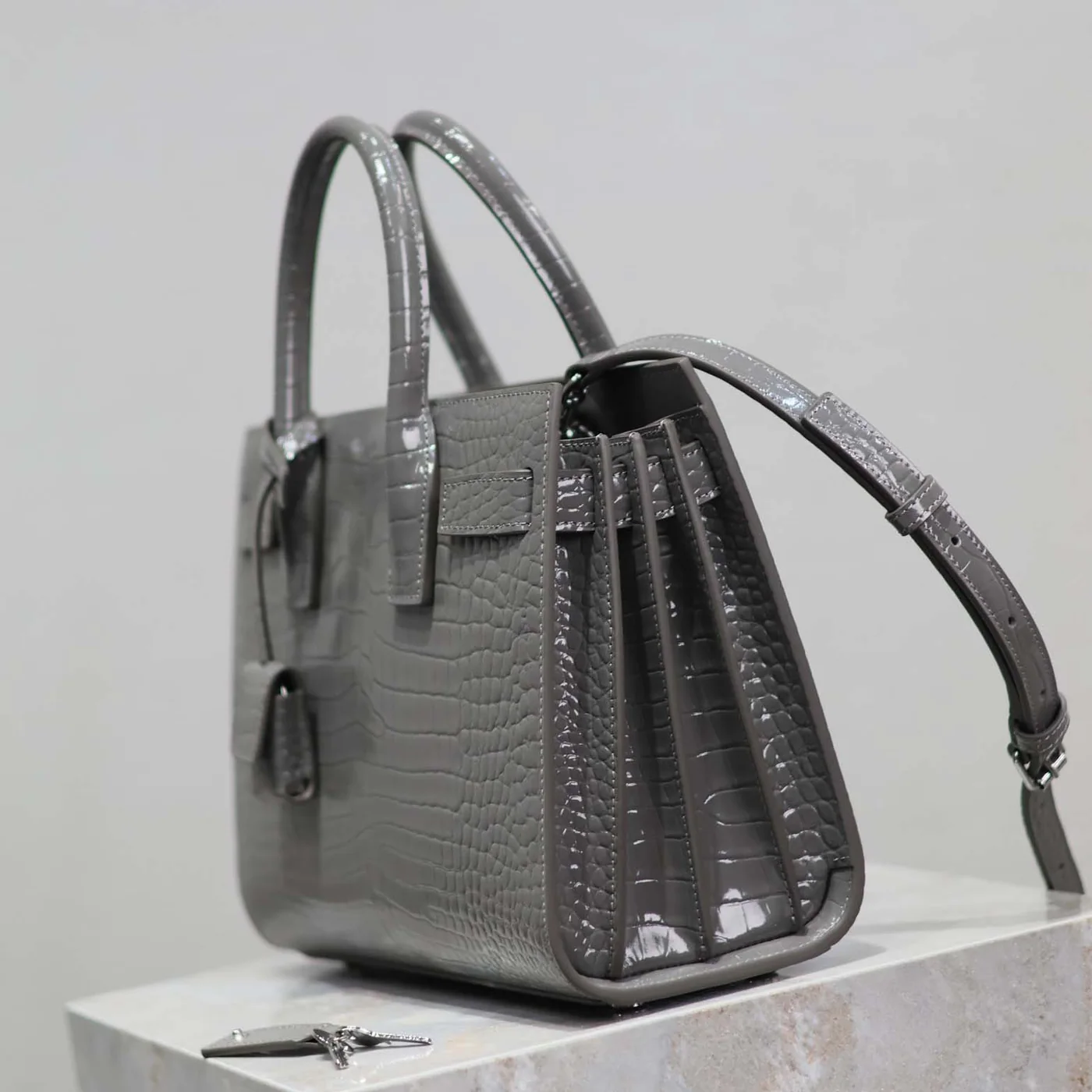 Saint Laurent YSL Sac De Jour in Embossed Crocodile Leather Baby for Women in Silver
