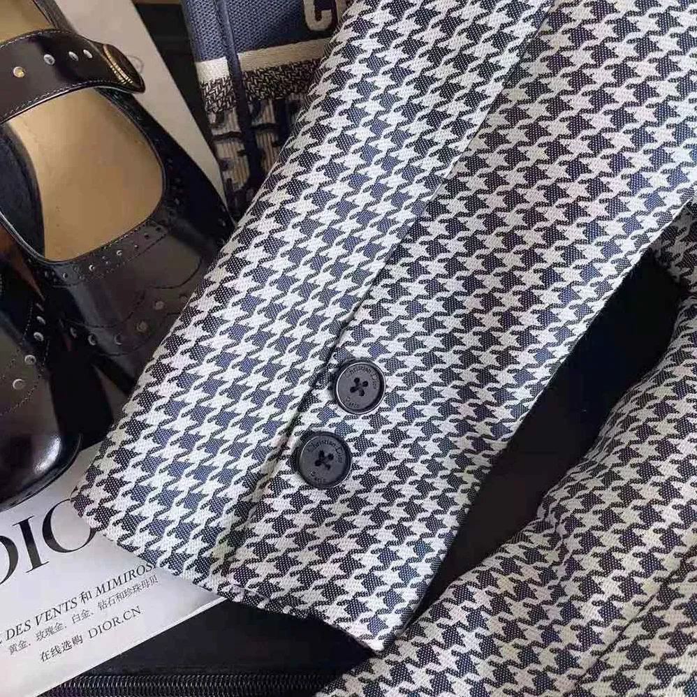 Dior Fitted Jacket Black and White Wool Twill and Silk with Micro Houndstooth Motif for Women