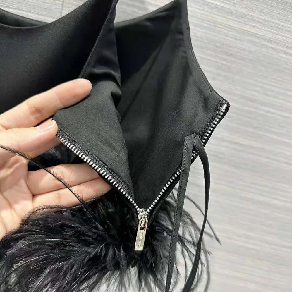 Miu Miu Stretch Cady Top with Feathers for Women in Black Miu Miu Stretch Cady Top with Feathers for Women in Black