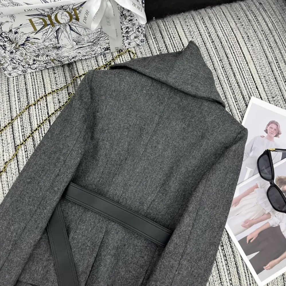 Dior Belted Jacket with Removable Scarf Gray Virgin Wool Tweed for Women