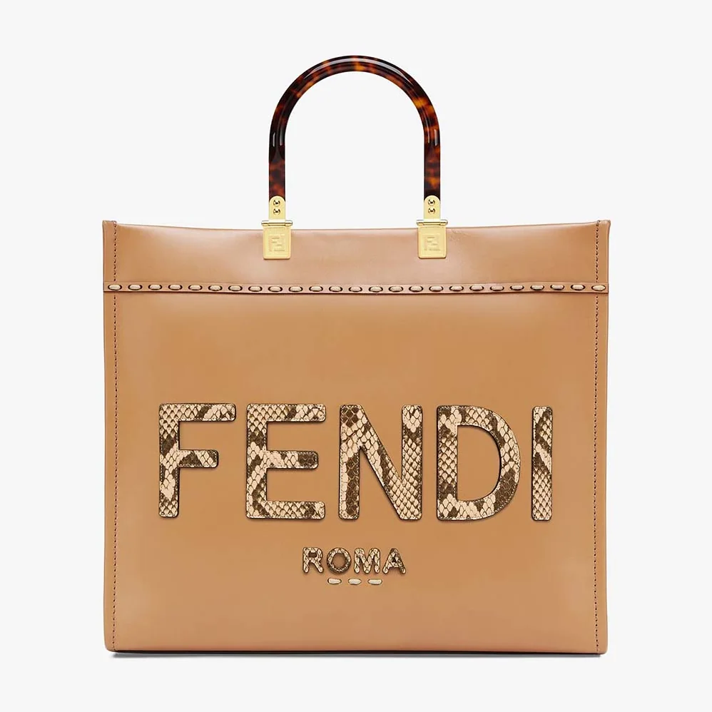 Fendi Sunshine Medium Light Brown Leather and Elaphe Shopper Bag for Women