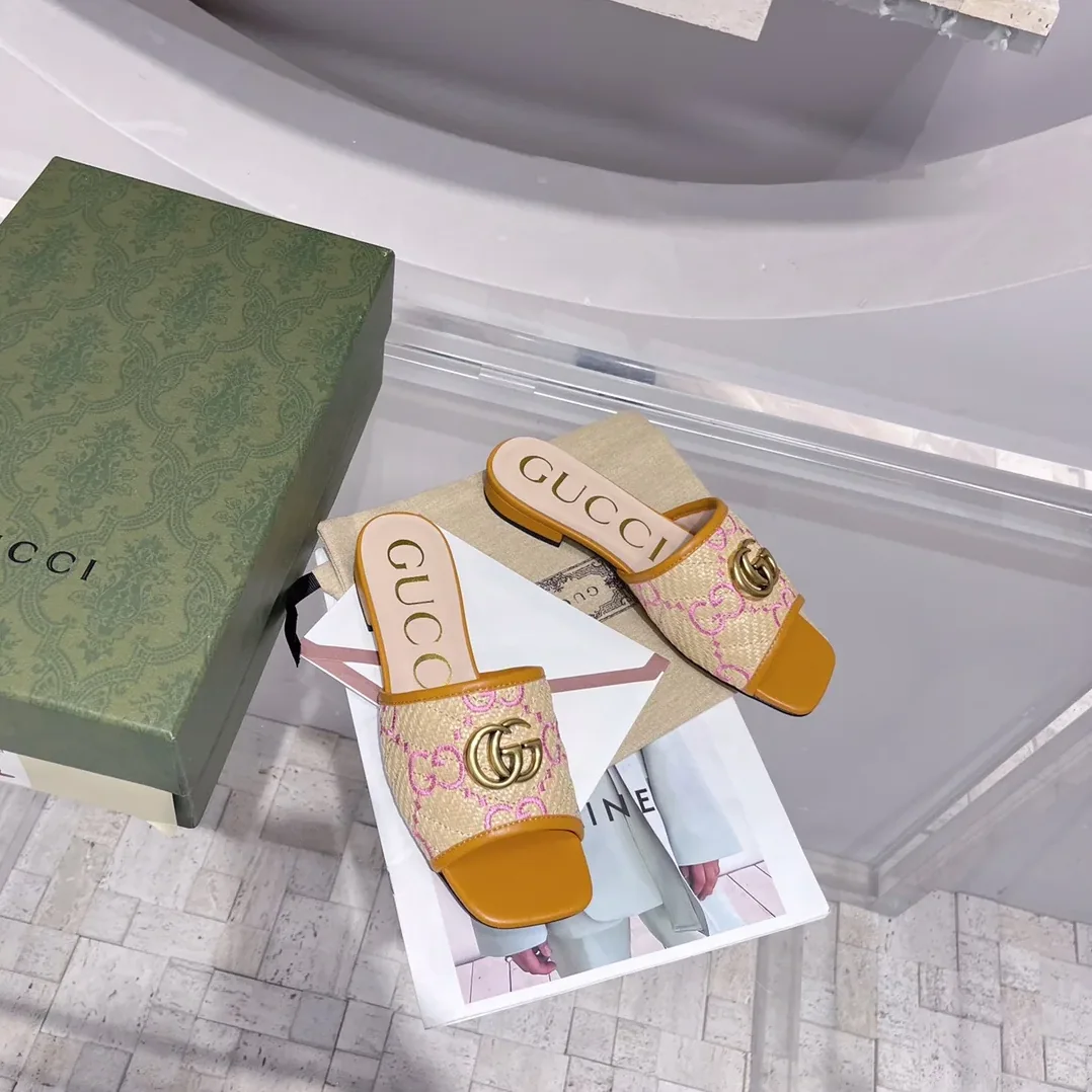 Gucci GG Raffia Effect Slide Orange for Women Gucci GG Raffia Effect Slide Orange for Women