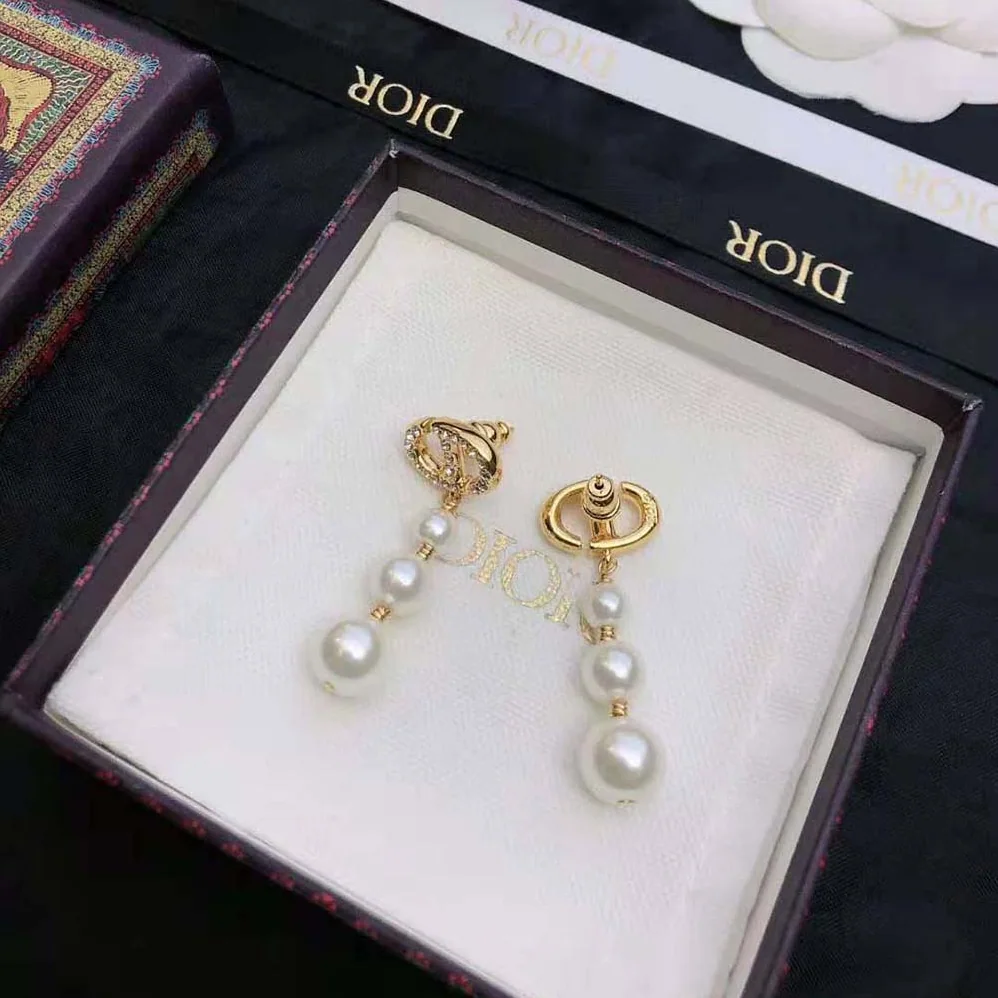 Dior CD Navy Earrings White-Finish Metal with White Resin Pearls and Crystals for Women Dior CD Navy Earrings White-Finish Metal with White Resin Pearls and Crystals for Women