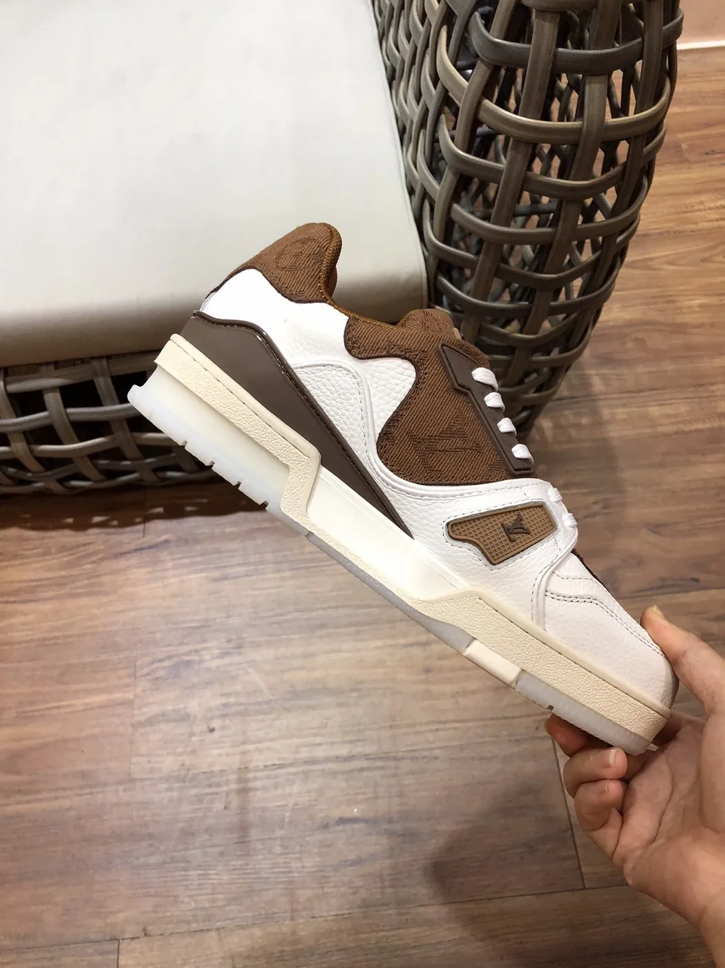 Louis Vuitton Trainer Sneaker Rubber Monogram White in Brown Virgil Abloh Louis Vuitton Trainer Sneaker Rubber Monogram White in Brown Virgil Abloh