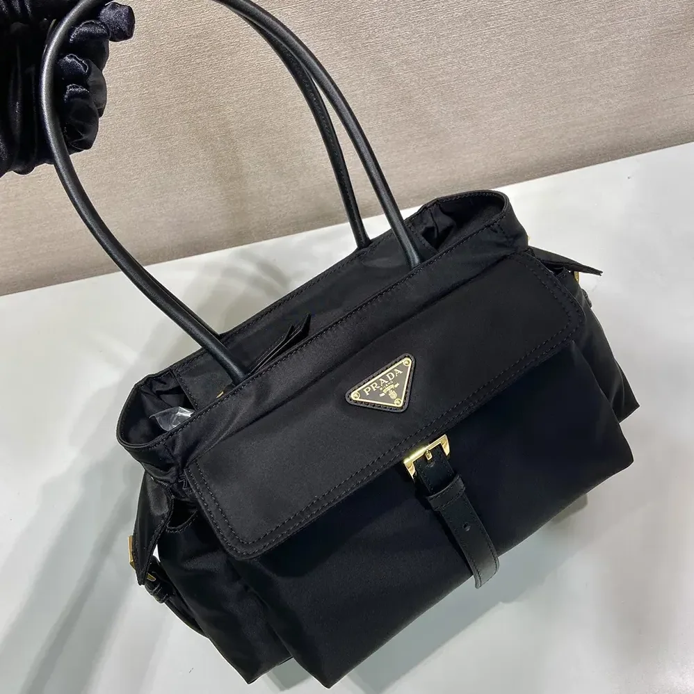 Prada Explore Medium Re-Nylon And Leather Tote Bag for Women in Black